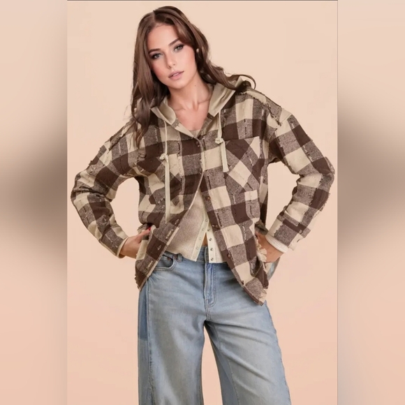 Very J Tops - Oversized Flannel Hooded Button Down Jacket